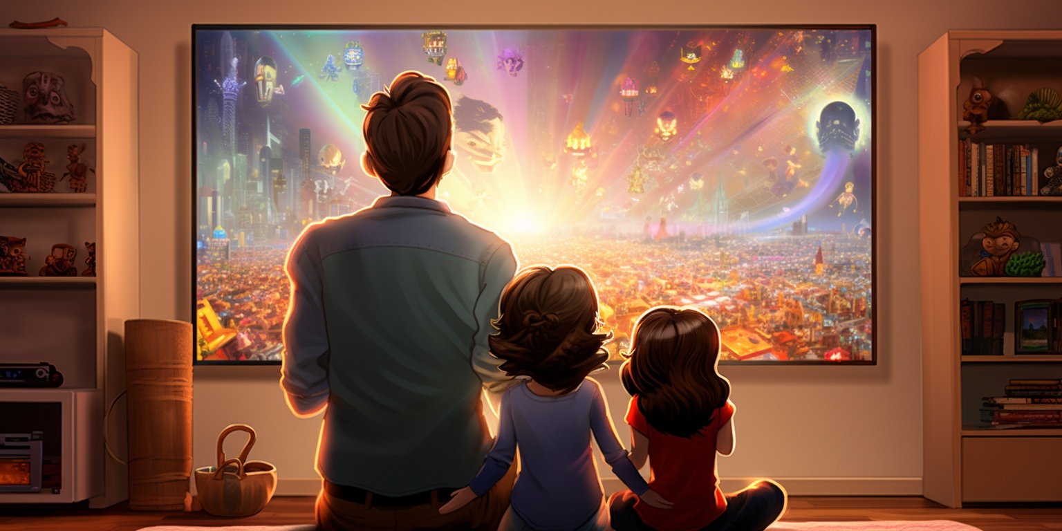 a modern happy family viewing a projector in their living room